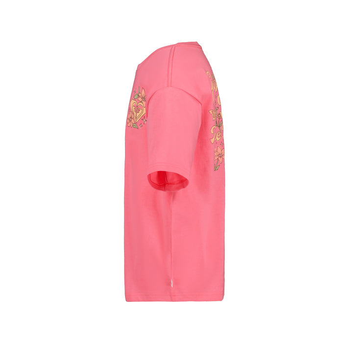 Side view of the Girls' Good Things Oversized Tee by Roxy, a pink cotton jersey boyfriend shirt featuring yellow and orange ROXY graphics on the front and sleeve, displayed against a plain white background.