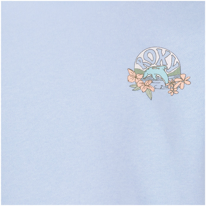 The Girls’ Ocean Explorer Crew by Roxy is a light blue crew neck pullover for girls, featuring a small upper-left graphic with the word “ROXY,” a wave, and orange flowers with green leaves.