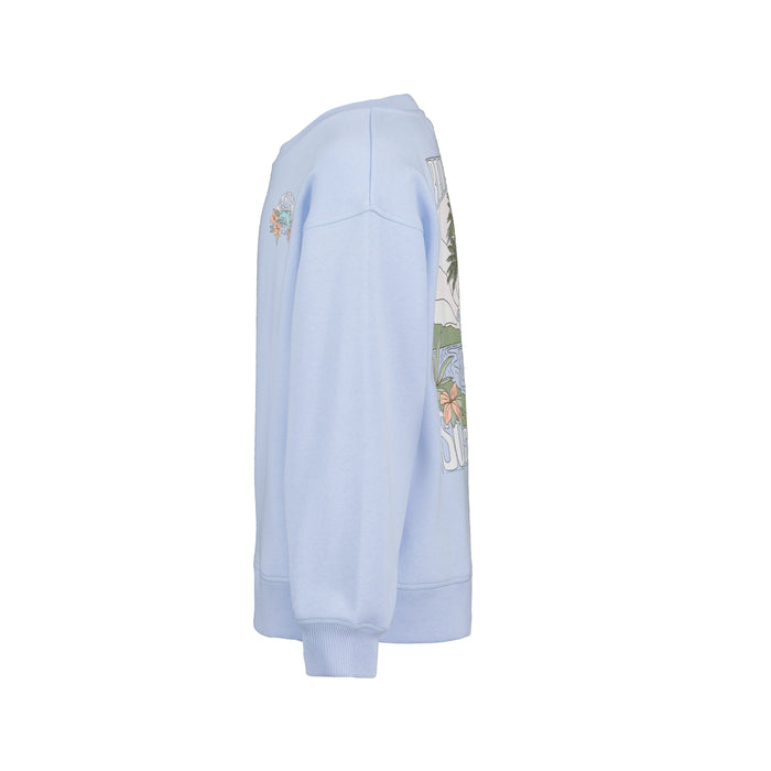 The Girls’ Ocean Explorer Crew by Roxy is an oversized light blue pullover for girls, shown from the side with partially visible floral and beach graphic prints on the front and sleeve. This fleece sweatshirt features a crew neck, along with ribbed cuffs and hem for a comfortable fit.