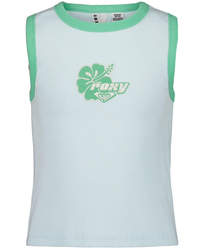 The Girls' One More Time Tank by Roxy is a sporty-chic sleeveless top in light blue ribbed fabric with green trim, featuring a green hibiscus flower graphic, the word “ROXY,” and the brand logo on the chest.