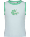 The Girls' One More Time Tank by Roxy is a sporty-chic sleeveless top in light blue ribbed fabric with green trim, featuring a green hibiscus flower graphic, the word “ROXY,” and the brand logo on the chest.