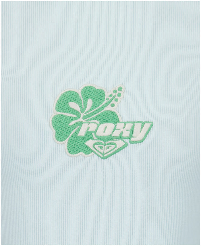 The Girls' One More Time Tank by Roxy features a green hibiscus flower and heart-shaped logo embroidered on light blue ribbed fabric, creating a cute and stylish look.