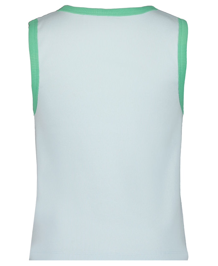 The Girls' One More Time Tank by Roxy is a sleeveless, light blue ribbed top with green trim at the armholes and neckline, showcased from the back for a sporty-chic look.
