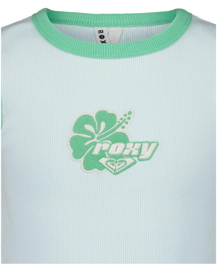 Close-up of the Roxy Girls' One More Time Tank: light blue ribbed fabric with mint green trim, a green hibiscus flower on the chest, and Roxy's One More Time Tank logo above a heart emblem.