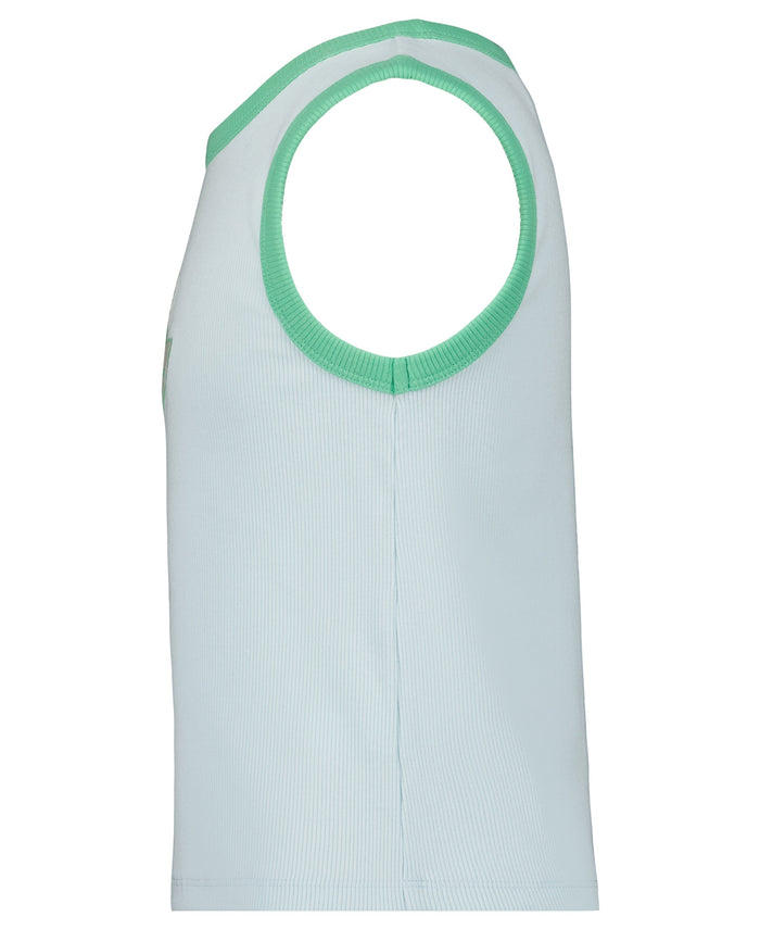 The Roxy Girls' One More Time Tank is a sleeveless light blue fitted top with green trim at the armholes and neckline, shown from the side—ideal for a fresh, sporty look.