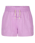 The Roxy Girls' Soleil Short features light purple brushed twill, a smocked elastic waistband with cream drawstring, and two front pockets, shown against a white background.