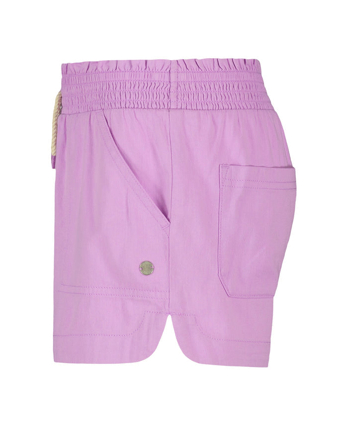 The Girls' Soleil Short by Roxy features lilac brushed twill, smocked elastic waistband, side and back pockets, rope drawstring detail, curved hem, and a silver button on the side pocket.