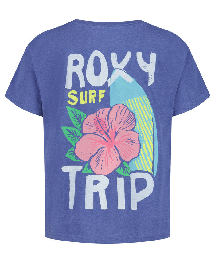 The Roxy Girls' Surf Trip Tee is an oversized cotton jersey featuring a pink hibiscus, surfboard, and bold ROXY SURF TRIP graphic on the back.