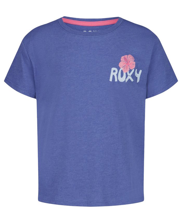 The Girls' Surf Trip Tee by Roxy is an oversized blue crew tee in soft cotton jersey, featuring a pink hibiscus flower and ROXY logo detail on the upper left chest.