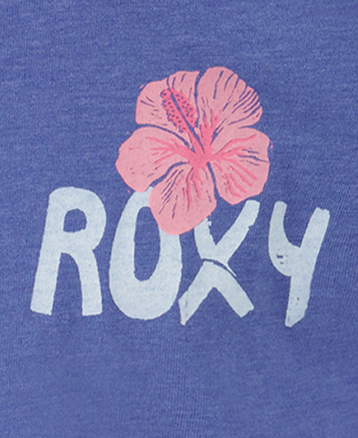 White "ROXY" text on a purple background with a pink hibiscus above the O and X. Inspired by the Girls' Surf Trip Tee from Roxy, this design brings laid-back style to any cotton jersey collection.