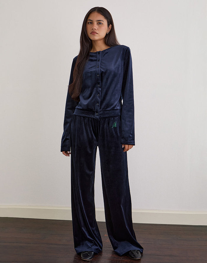 Image of Glen Jogger in Velour Navy with 'M' Embelishment