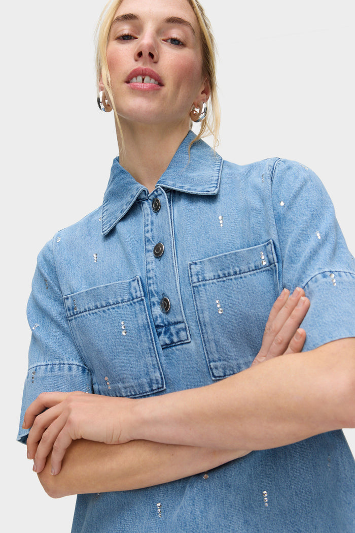 Grace Diamante Short Sleeve Denim Dress