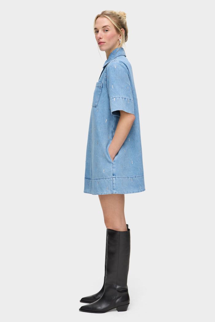 Grace Diamante Short Sleeve Denim Dress