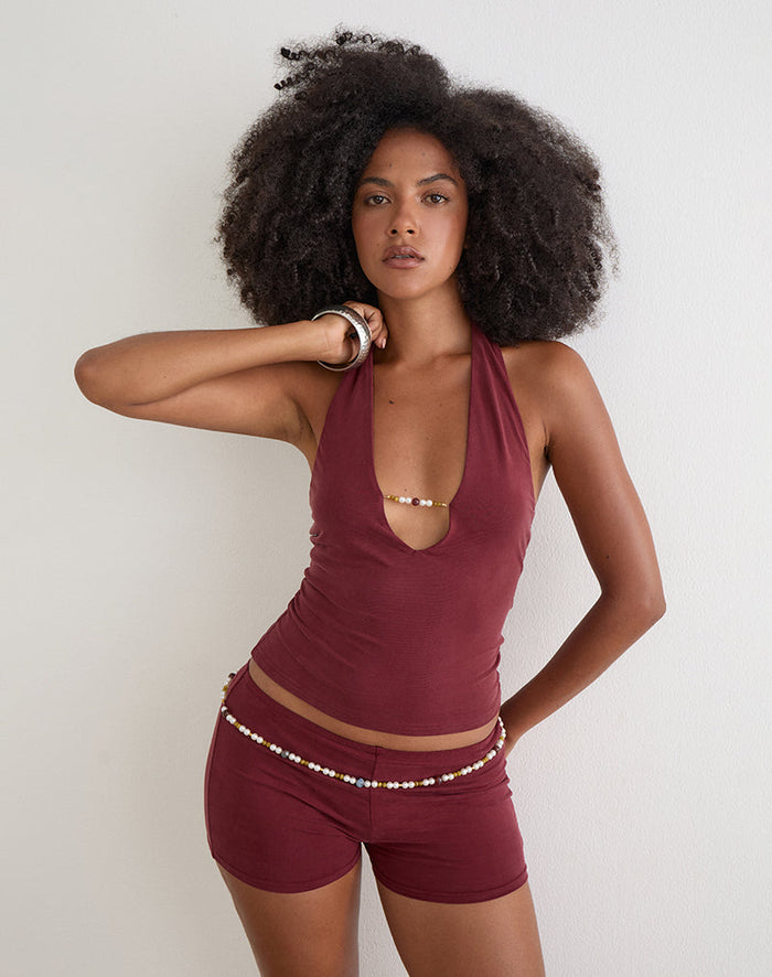 Image of Grizel Halterneck Top with Pearl Trim in Cupro Burgundy