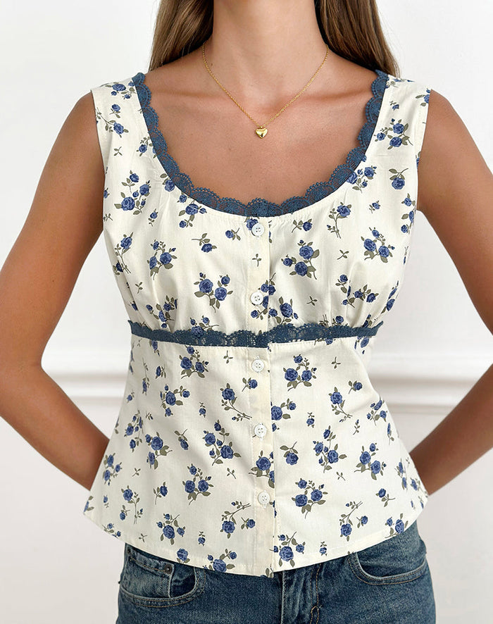 Image of Gronini Top in Ditsy Leaf Rose Navy