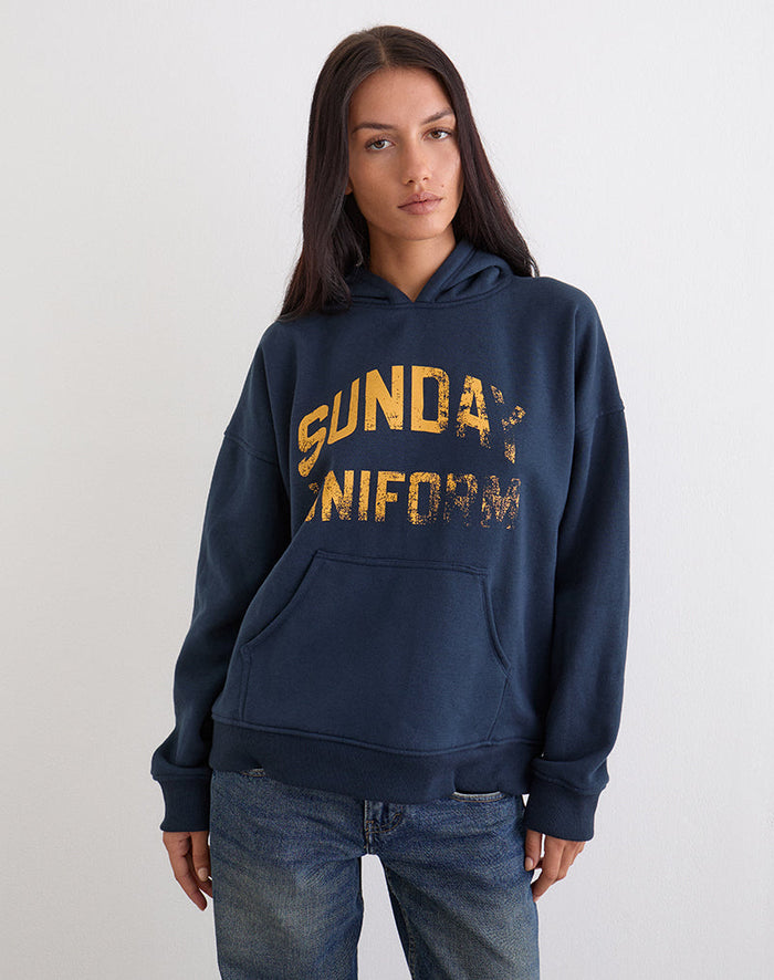 Image of Guyton Hoodie in Navy with Sunday Uniform Graphic