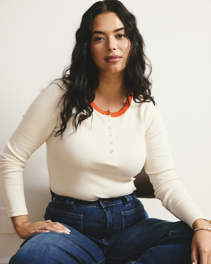 Henley Long Sleeve Ribbed Tee - Chamomile/Poppy Trim | Plus Size & Straight Size Women's Fashion | Universal Standard