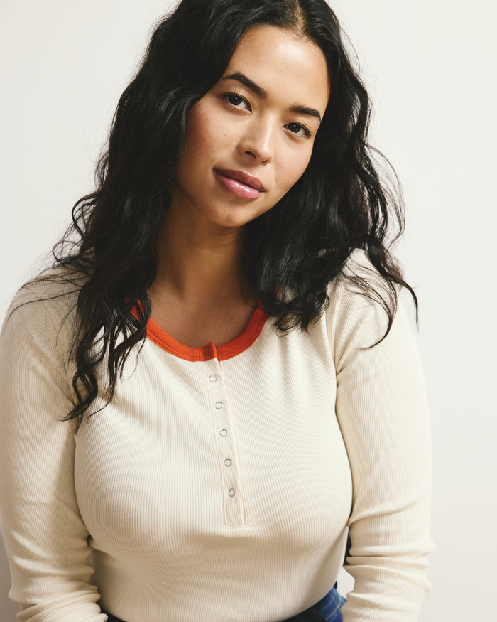 Henley Long Sleeve Ribbed Tee - Chamomile/Poppy Trim | Plus Size & Straight Size Women's Fashion | Universal Standard