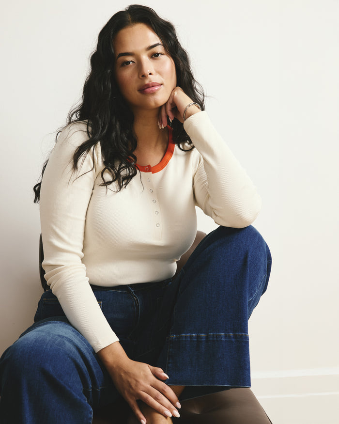 Henley Long Sleeve Ribbed Tee - Chamomile/Poppy Trim | Plus Size & Straight Size Women's Fashion | Universal Standard