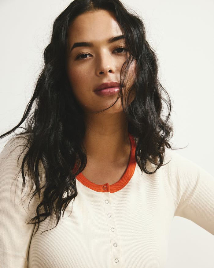 Henley Long Sleeve Ribbed Tee - Chamomile/Poppy Trim | Plus Size & Straight Size Women's Fashion | Universal Standard