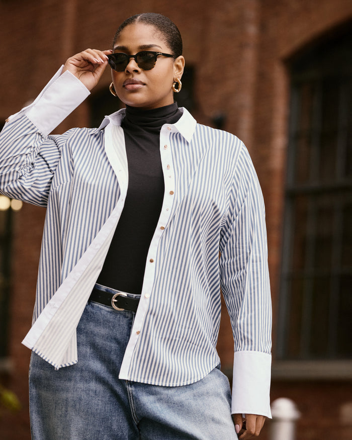 Henning x US Madison Shirt - Blue Stripe with Contrast White | Plus Size & Straight Size Women's Fashion | Universal Standard