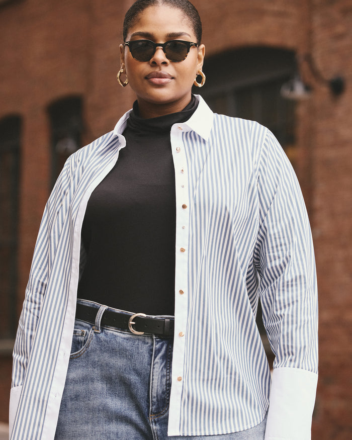Henning x US Madison Shirt - Blue Stripe with Contrast White | Plus Size & Straight Size Women's Fashion | Universal Standard