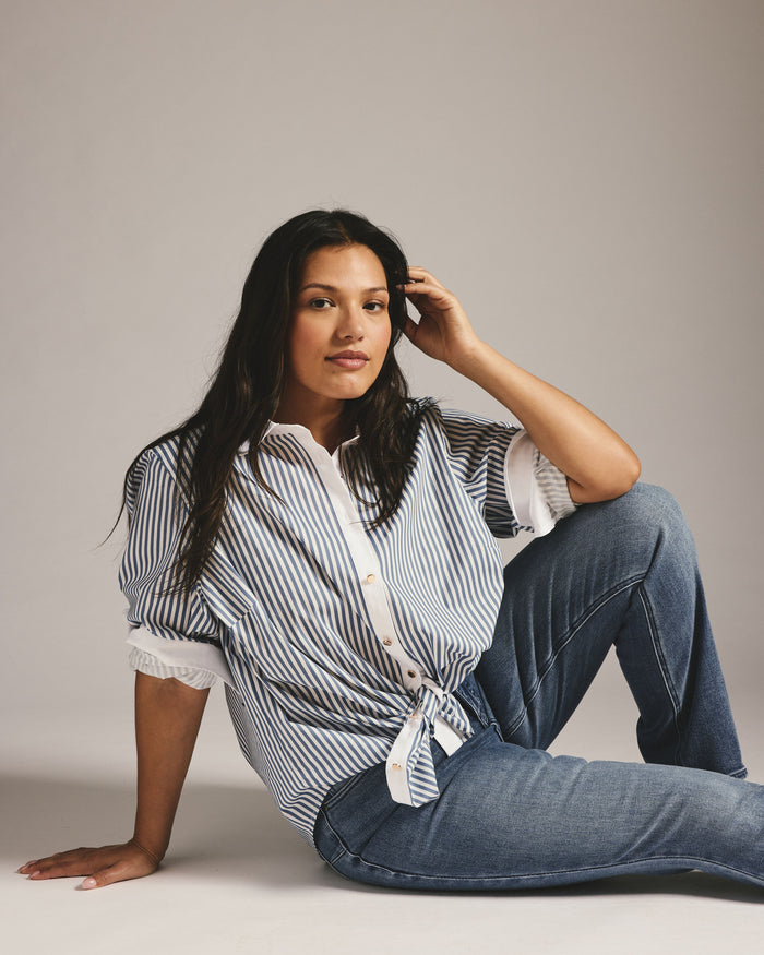 Henning x US Madison Shirt - Blue Stripe with Contrast White | Plus Size & Straight Size Women's Fashion | Universal Standard