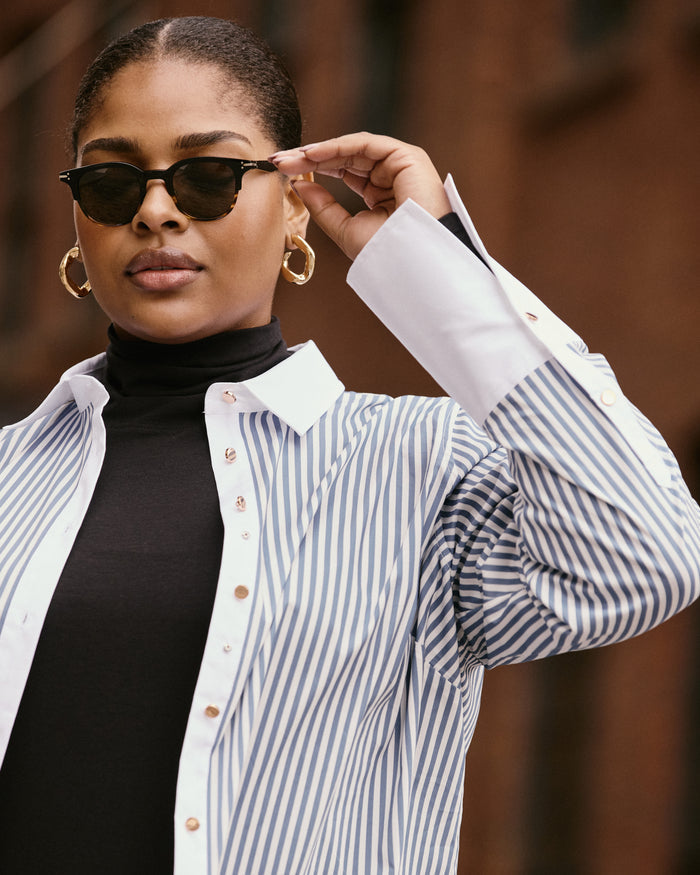 Henning x US Madison Shirt - Blue Stripe with Contrast White | Plus Size & Straight Size Women's Fashion | Universal Standard