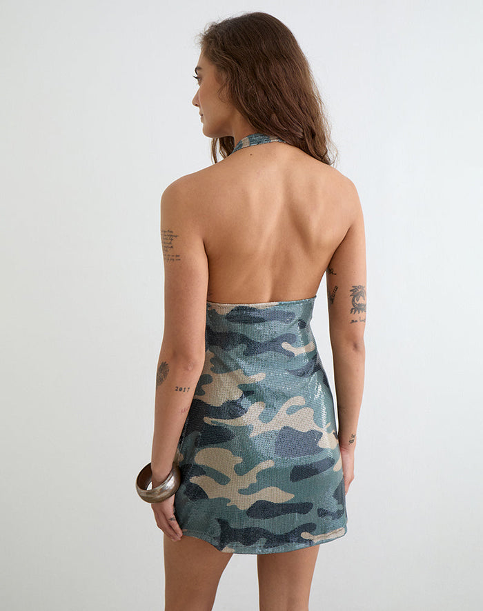 Image of Hepasi Halter Mini Dress in Camo Sequin Khaki Green