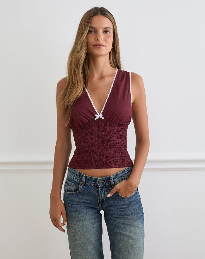 Image of Hevalis Plunge Top in Poplin Maroon