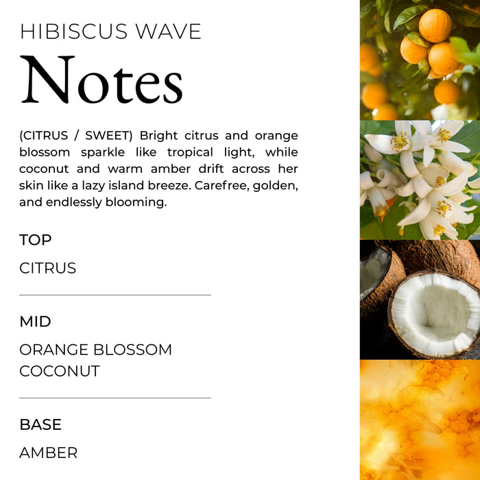 Roxy Hibiscus Wave Body Mist blends vibrant citrus, delicate orange blossom, creamy coconut, and warm amber; images of citrus fruits, coconuts, blossoms, and amber enhance the sensory journey.