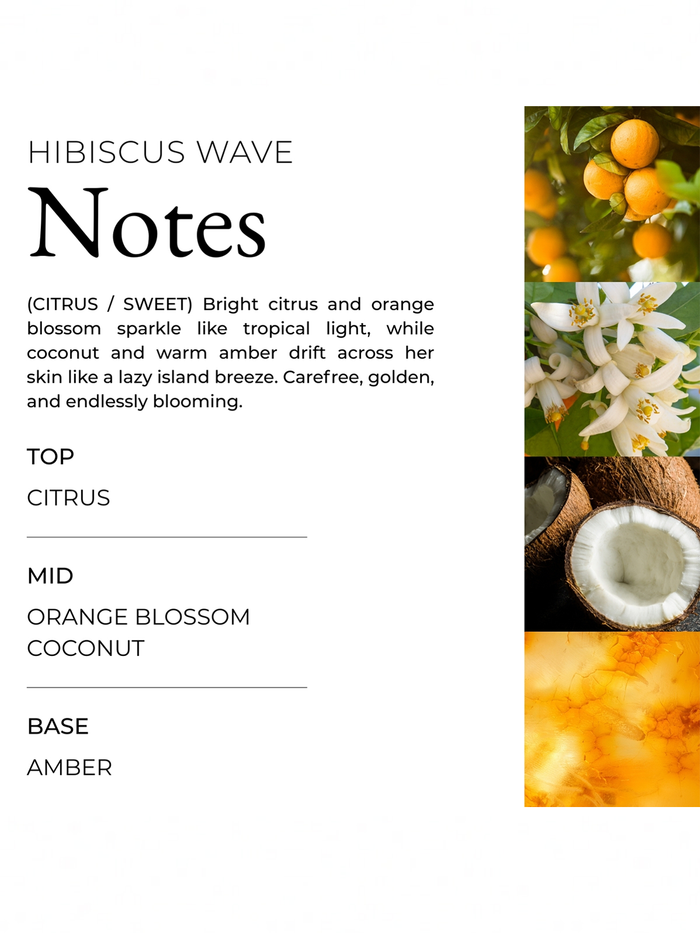 The Hibiscus Wave Body Scrub by Roxy features bright citrus, orange blossom, coconut, and amber notes—with matching images—perfect for adding a tropical glow to your shower routine.