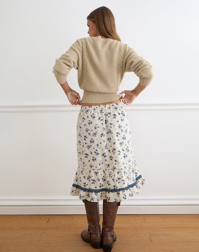 Image of Ilaria Midi Skirt in Ditsy Leaf Rose Navy