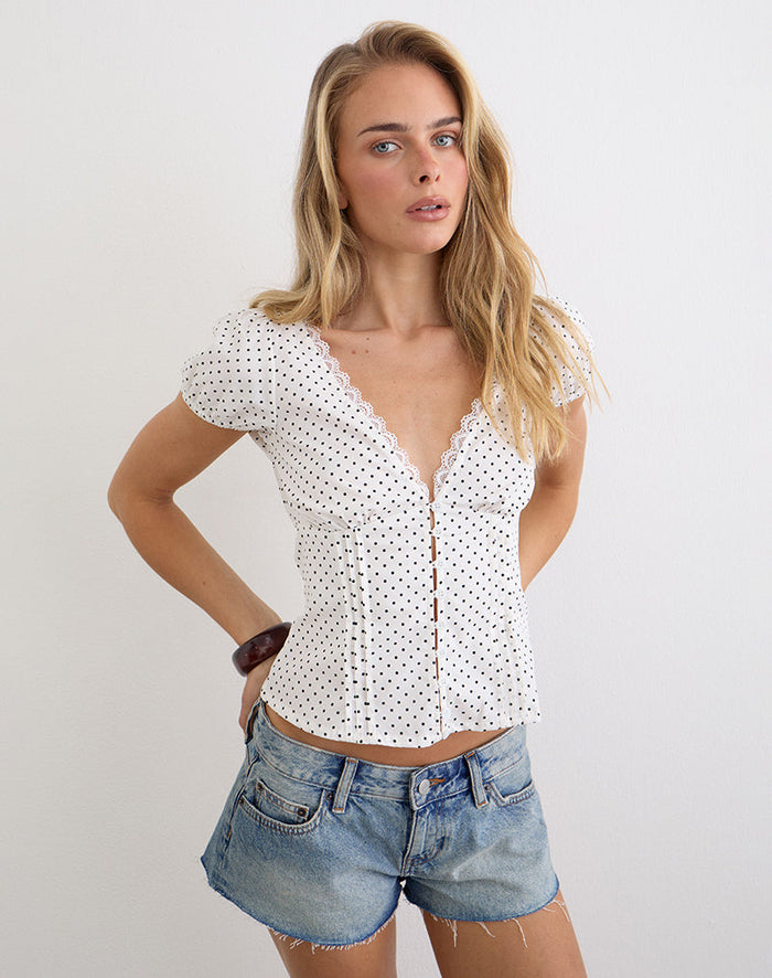Image of Ilias Corset Top in White with Micro Polka Black