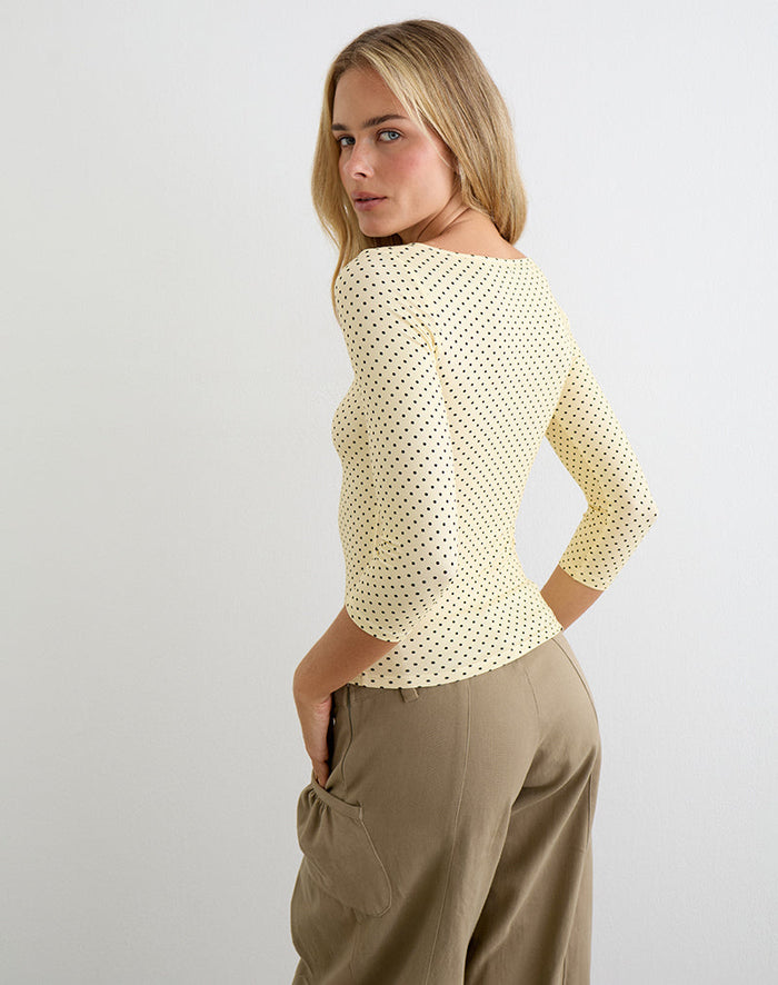 Image of Ione Quarter Sleeve Top in Butter Yellow with Micro Polka Dots
