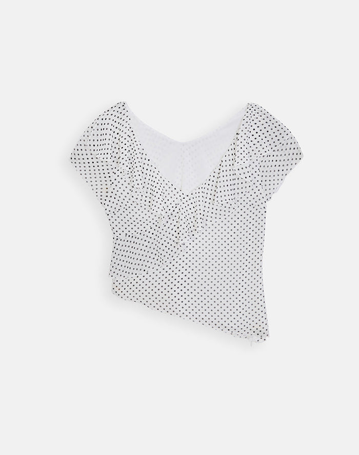 Image of Iskar Top with Frill in Chiffon White with Polka Print
