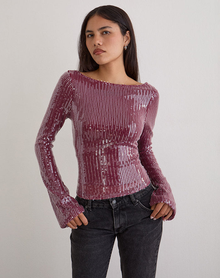 Image of Jalwa Long Sleeve Top in Sequin Maroon
