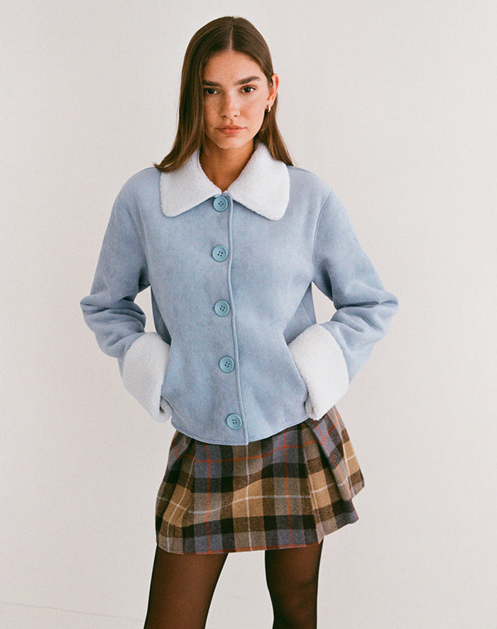 Image of Jano Jacket in Faux Suede Blue with Borg