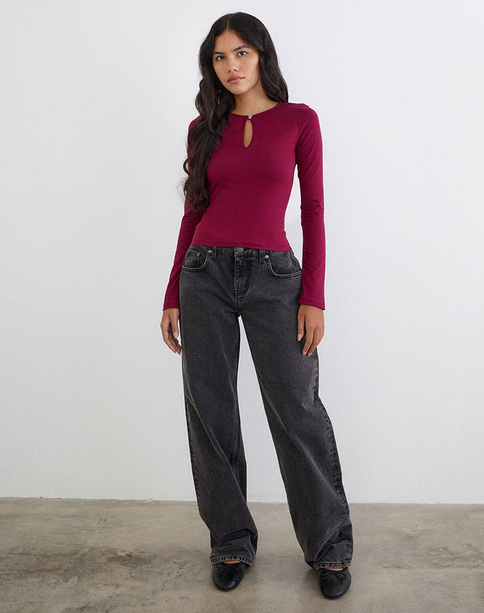 Image of Jenji Long Sleeve Top with Pearl Button in Burgundy