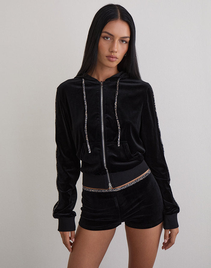 Image of Jona Hoodie in Black with Rar Leopard Pipping