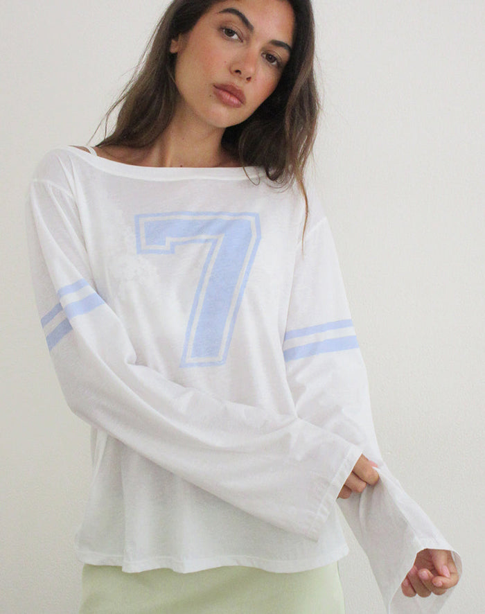 Image of Josie Long Sleeve Top in White with Seven and Stripes Graphic