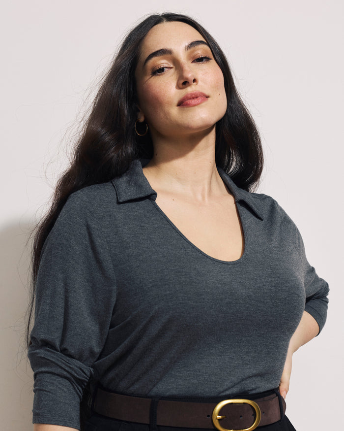 Katia Liquid Jersey Collared Top - Dark Gray Heather | Plus Size & Straight Size Women's Fashion | Universal Standard
