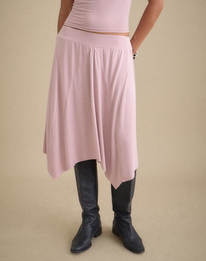 Image of Kaulu Midi Skirt in Cupro Dusty Pink with Rhinestones