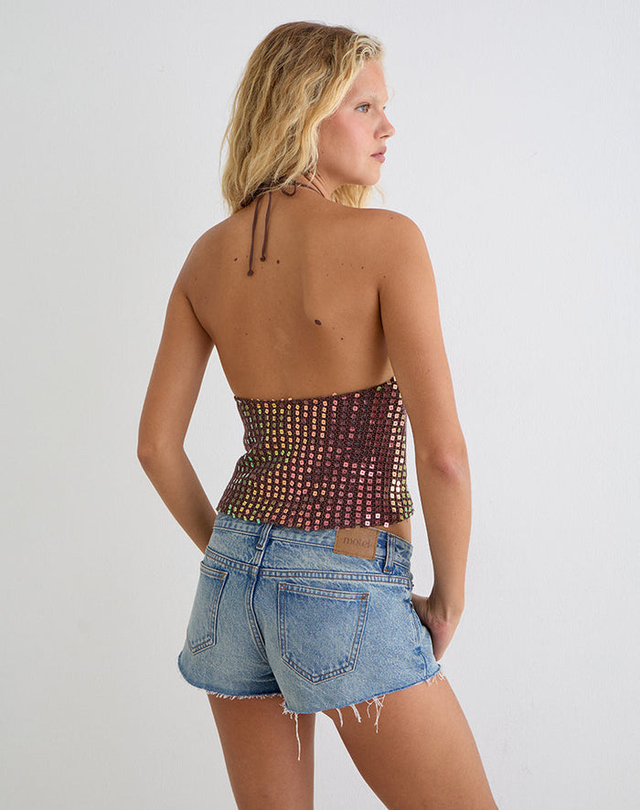 Image of Kelabu Halterneck Top in Sequin Knit Dark Brown