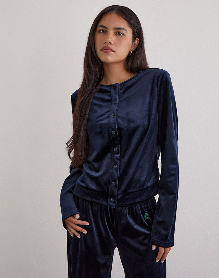 Image of Kellen Button Up Cardigan in Velour Navy