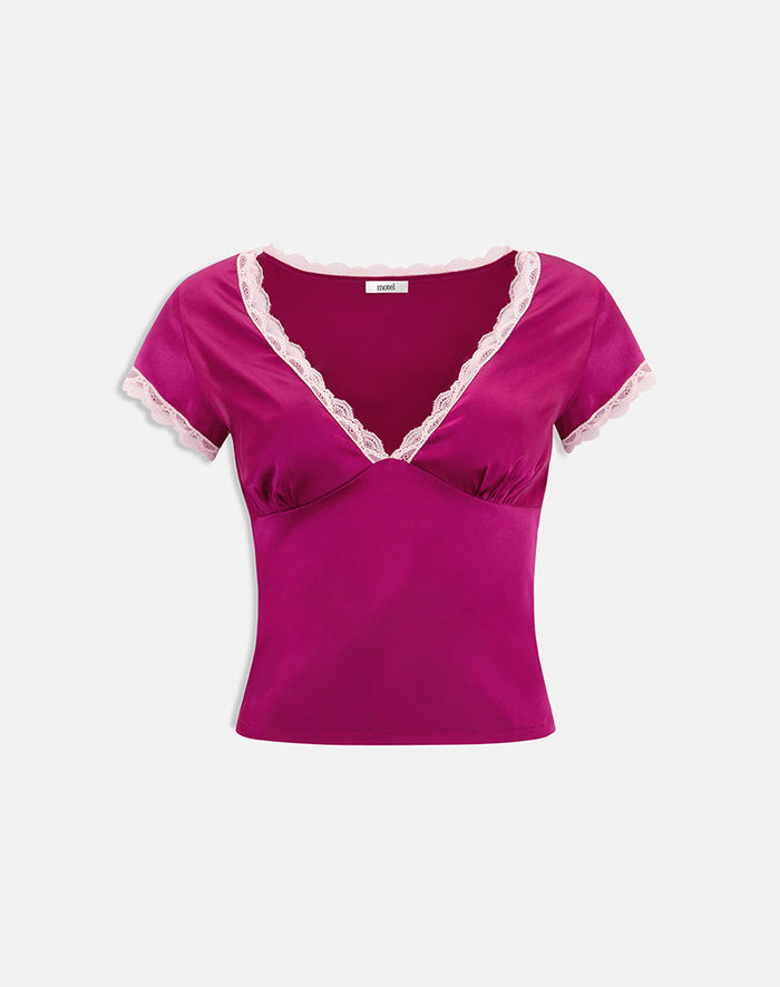 Image of Kinnas Top with Lace Trim in Satin Berry