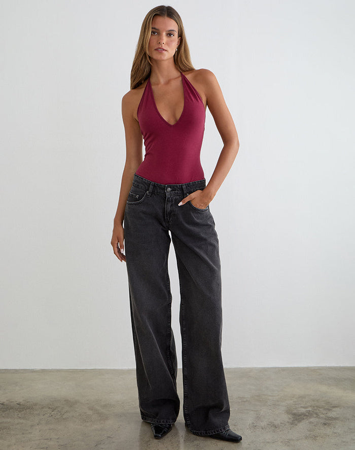 Image of Kitty Deep Plunge Bodysuit in Burgundy