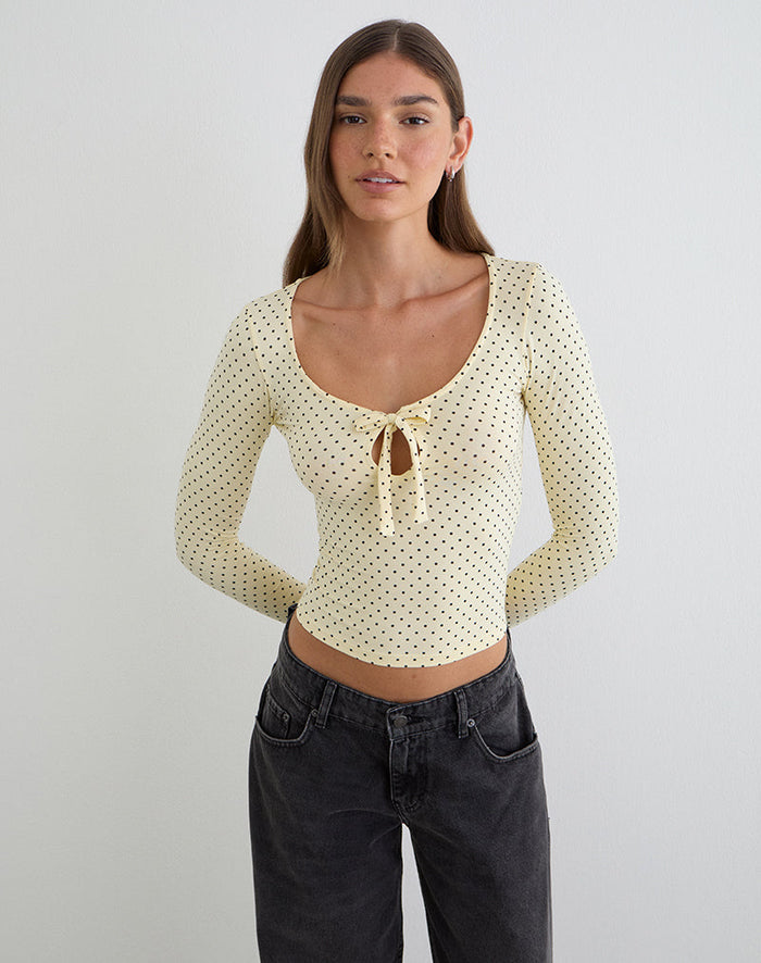 Image of Kline Long Sleeve Tie Front Top in Rayon Jersey Micro Polka Cream