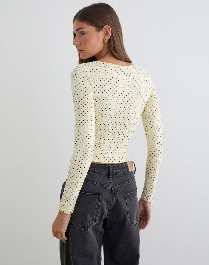 Image of Kline Long Sleeve Tie Front Top in Rayon Jersey Micro Polka Cream