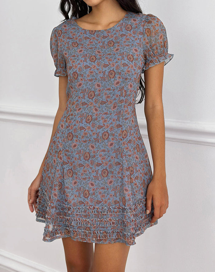 Image of Koharu Mini Dress in Shadow Blossom Blue Chiffon